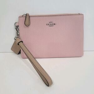 Coach Corner Bag Wristlet Purse Light Baby Pink Wallet Card Key Pebble Leather